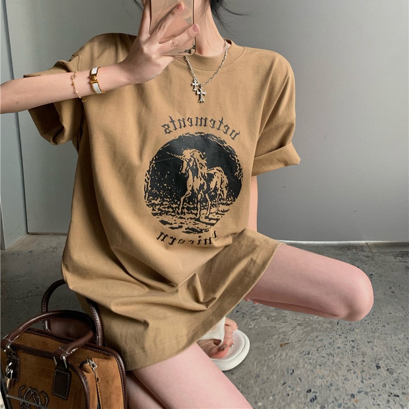 Áo Thun Ngắn Tay Dáng Rộng In Họa Tiết Đơn Giản Cá Tính Cho Nữ Mùa Hè