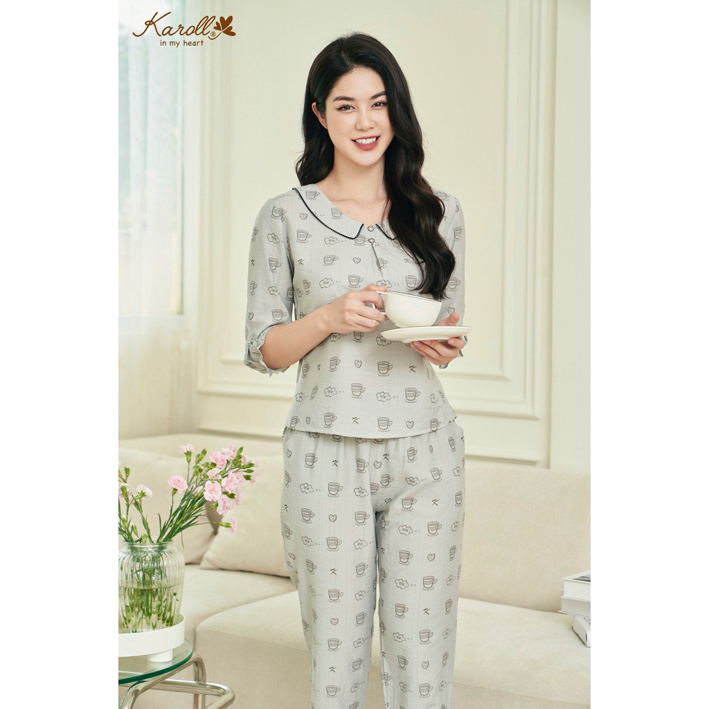 Bộ linen Karoll quần dài tay lỡ họa tiết thỏ cốc NH22.066
