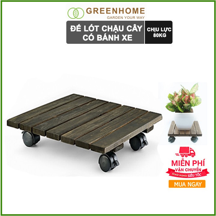 Đế lót chậu cây có bánh xe, hình vuông, màu đen, bằng gỗ, chịu lực 80kg, R30xC8cm |Greenhome