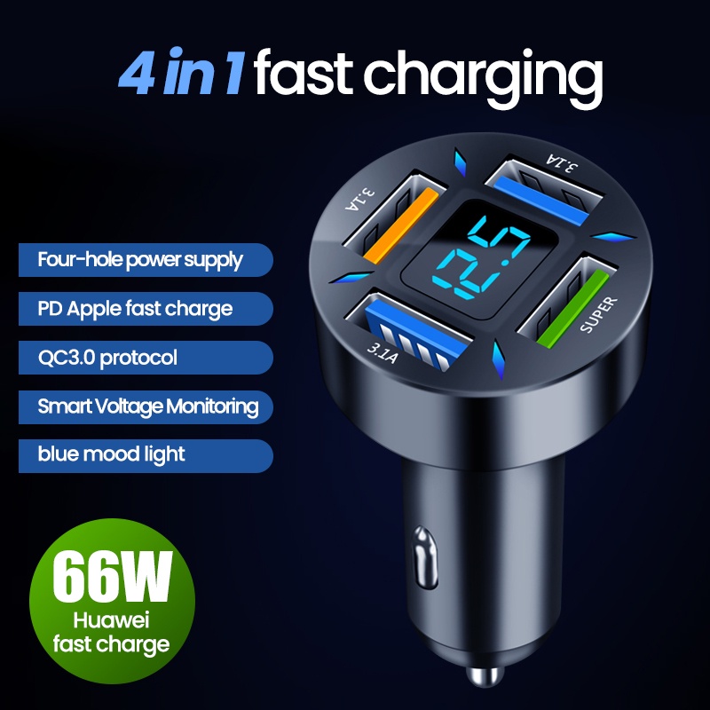 Bộ SạC ĐiệN ThoạI 4 CổNg USB 66W PD20W QC3.0 Cho Xe Hơi