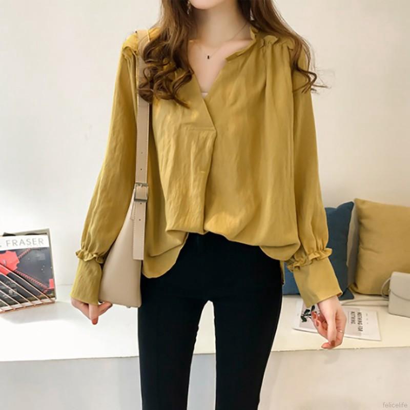 Áo kiểu tay dài phối bèo màu trơn thiết kế cổ chữ V nữ tính