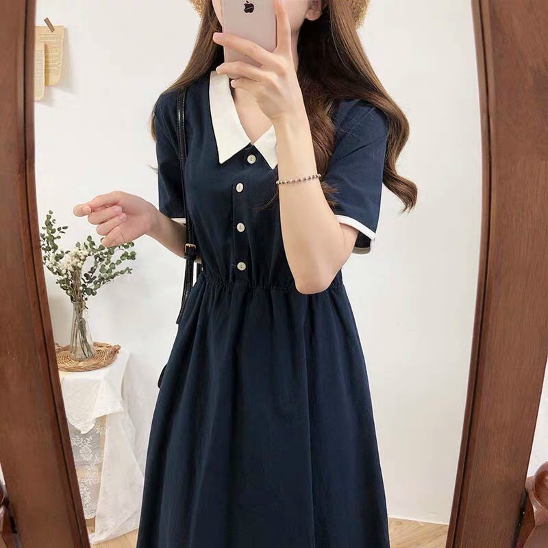 Đầm Kiểu Hàn Quốc Chất Von Lụa Cổ Bẻ Phối Nút Giả Tiểu Thư TTSA1481