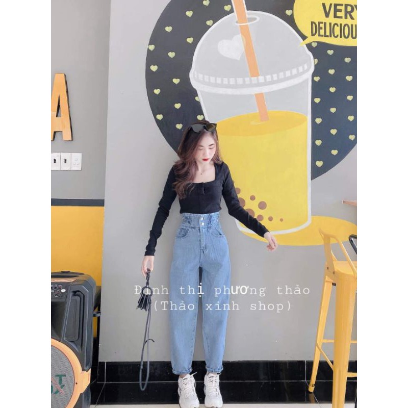 Quần baggy jeans lưng cao 2 đai xiên thảo xinh shop