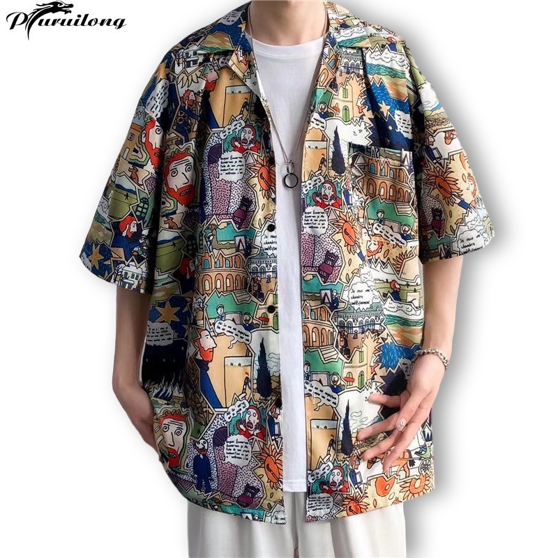 Áo sơ mi Puruilong ngắn tay in họa tiết hawaii thời trang dành cho nam