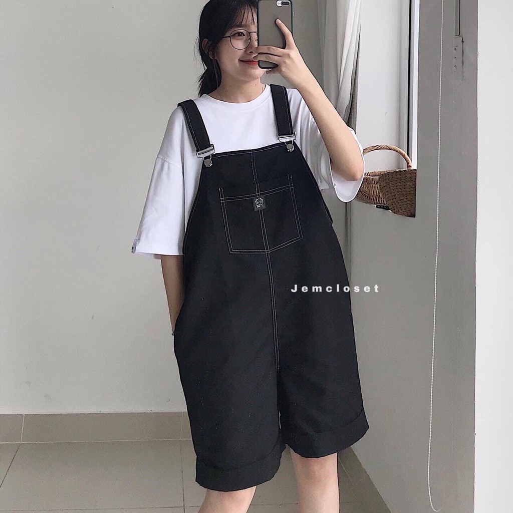 [RẺ VÔ ĐỊCH] Quần Yếm Nữ Dáng Xuông Ulzzang🌸 Yếm Kaki Đùi Lửng Form Rộng Unisex Có 2 Túi Trước 2 Màu Đen Trắng