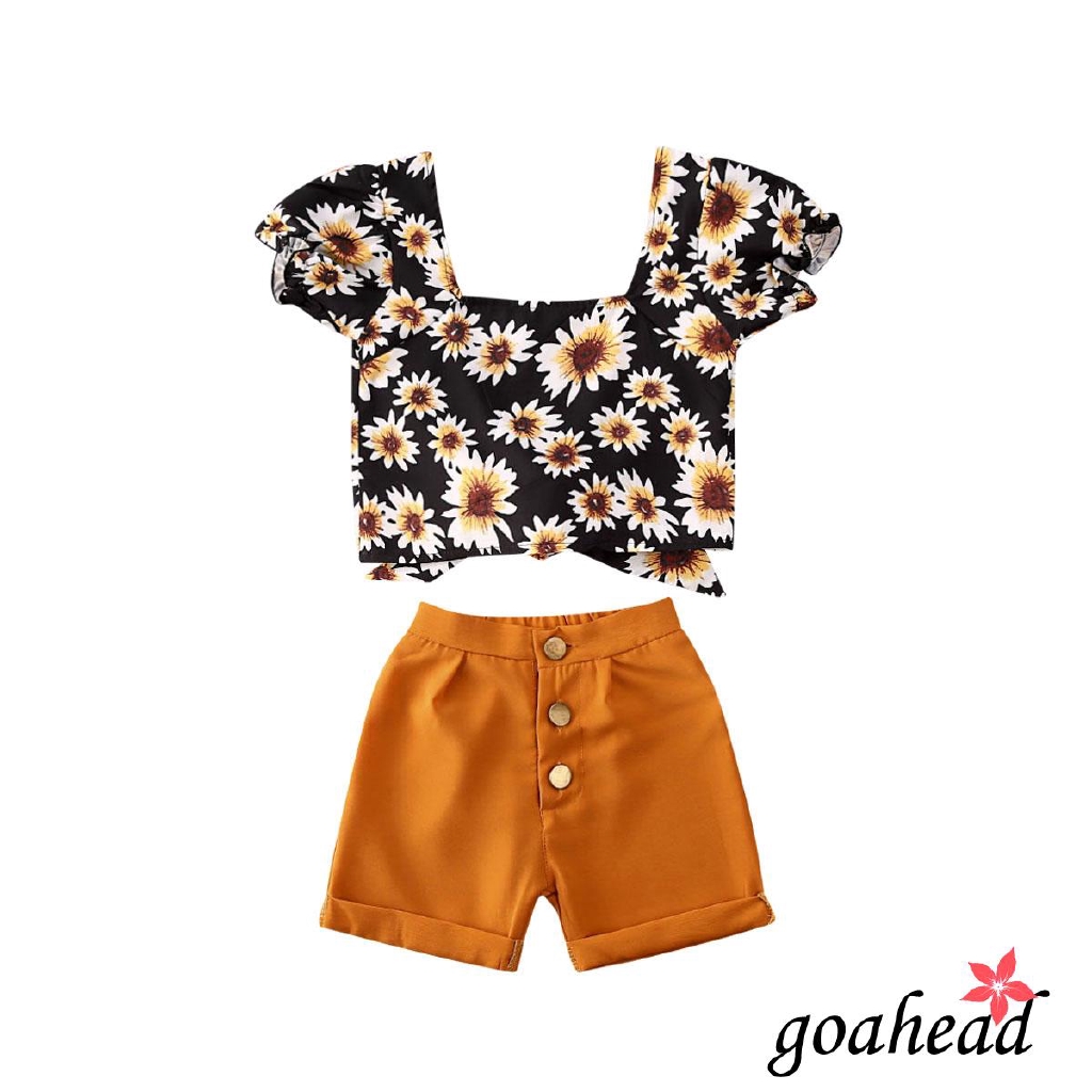 Set áo croptop họa tiết hoa cúc và quần short thời trang hè cho bé gái tập đi