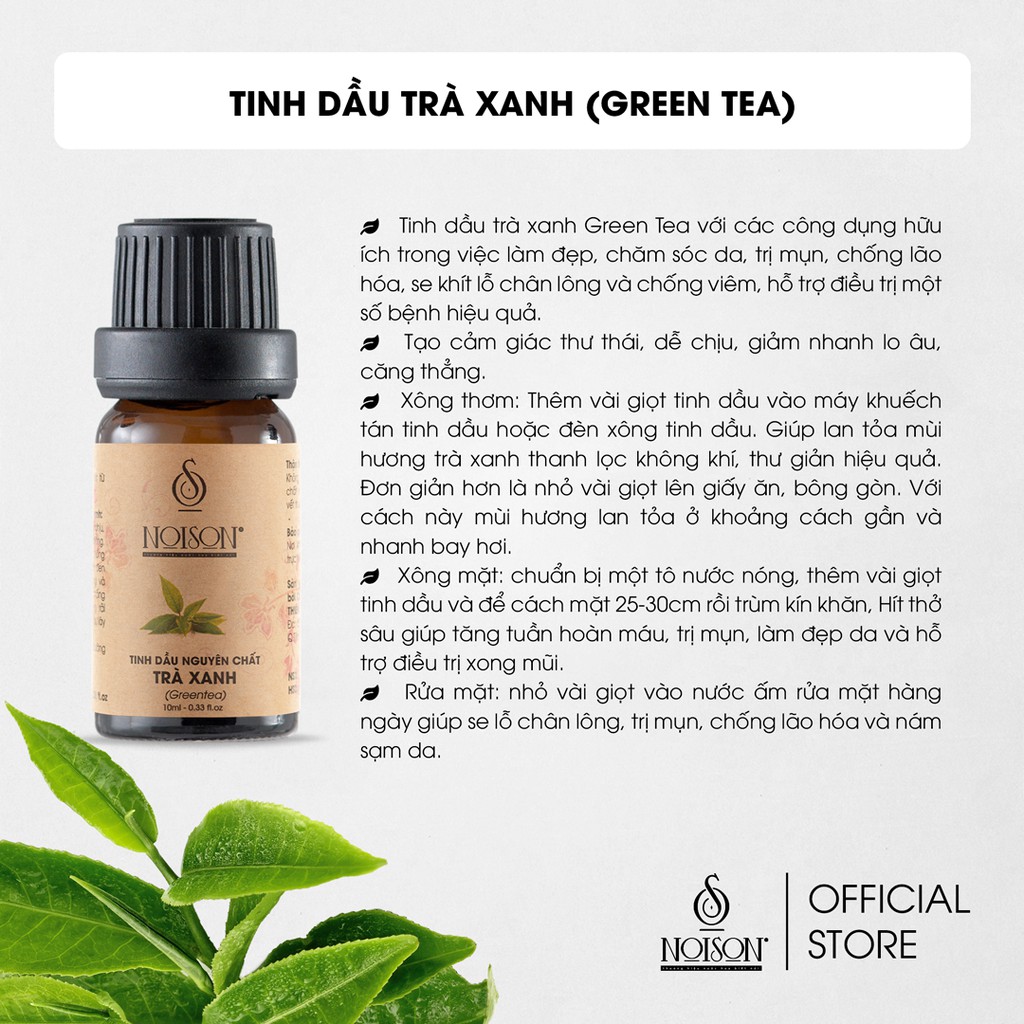 Tinh dầu Trà xanh Noison | Greentea Essential Oil | Hương thơm thanh mát, giảm căng thẳng mệt mỏi hiệu quả