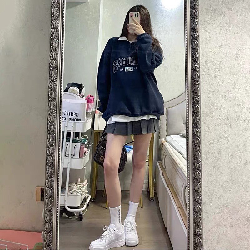 Áo Sweater Có Cổ Xanh Đen Áo Sweater Chất Nỉ Ngoại Dày Dặn Form Rộng Freesize 38-70kg [Video + Ảnh Thật]