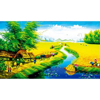 Tranh dán tường 3D phong cảnh làng quê Việt Nam - vải lụa