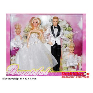 Búp bê cô dâu chú rể kèm 2 búp bê nhí - Búp bê khớp (Váy cô dâu hồng)