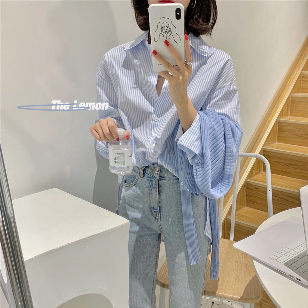 Áo sơ mi XIAOZHAINV tay dài dáng rộng kẻ sọc kiểu Hàn Quốc thiết kế trẻ trung cho nữ