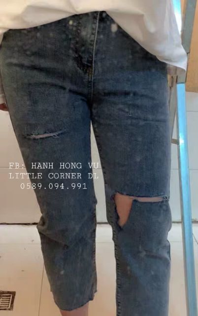 Quần slim baggy jeans rách xẻ phối lưng cao ulzzang kèm ảnh thật hàng sẵn