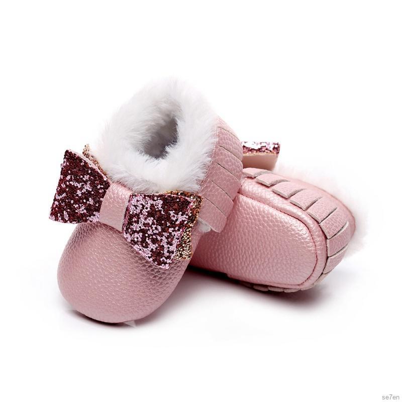 Giày boot da lót lông mềm giữ ấm cho bé gái 0-24 tháng tuổi