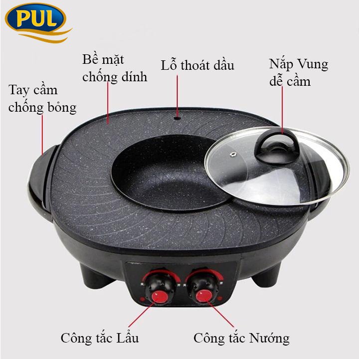 Bếp Lẩu Nướng,Bếp Điện Đa Năng 2 Nút Chỉnh Nhiệt Độc Lập,Sử Dụng Thuận Tiện Dễ Dàng, Tiết Kiệm Không Gian,Xào Rán Nấu