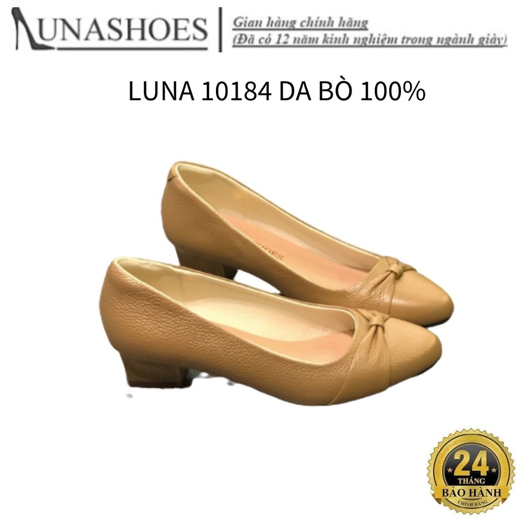 Cao gót nữ 4p Lunashoes (10184) da thật mũi nhọn đế gót vuông có nơ màu đen, trắng, nâu hàng VNXK