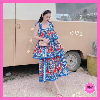 Váy Xòe 2 Dây Thiết Kế, váy thổ cẩm tầng cao cấp, đi du lịch thì đỉnh của chóp - H&N Store