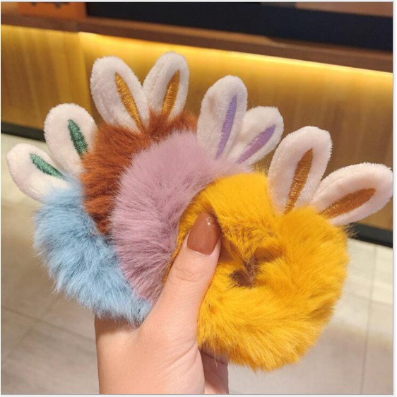 Cột tóc lông pom pom tai thỏ nhiều màu