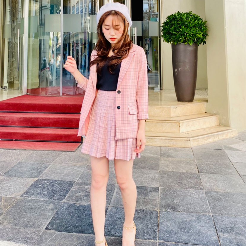 Áo Blazer Chân Váy Kẻ Xếp Ly Hai Lớp Hàng thiết kế Hachidesigns | BigBuy360 - bigbuy360.vn