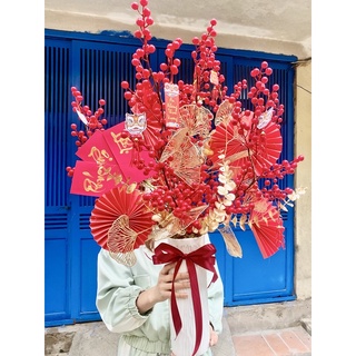 Cành đào đông ( cherry đỏ ) giả có sẵn cao 100cm loại 12 nhánh