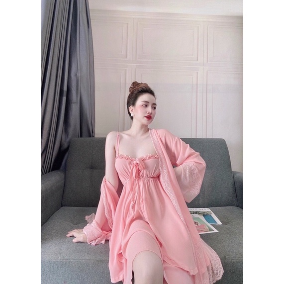 Nguyên sét Váy Ngủ Tiểu Thư, Áo Choàng Ngủ Kèm Váy Chiffon  Cao Cấp &lt;60kg màu hồng