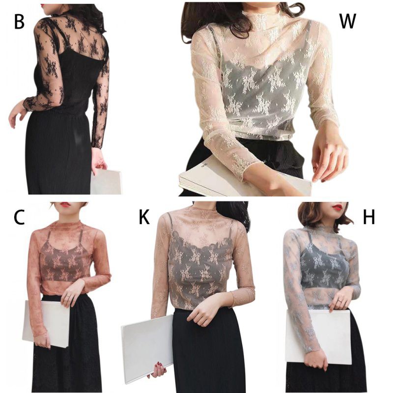 Áo thun dài tay cổ cao phối lưới đàn hồi cho nữ