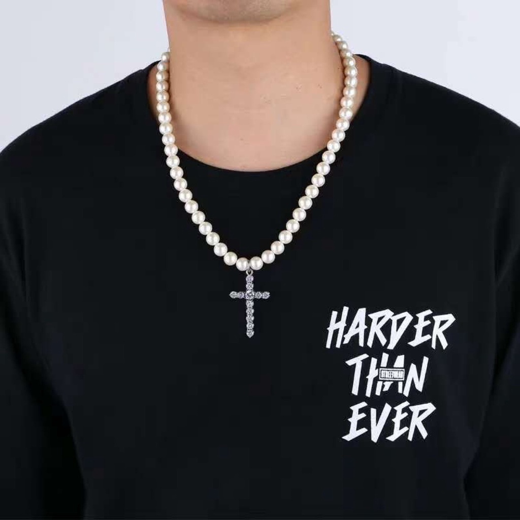 Dây Chuyền Mặt Chữ Thập Đính Ngọc Trai Phong Cách Hip Hop