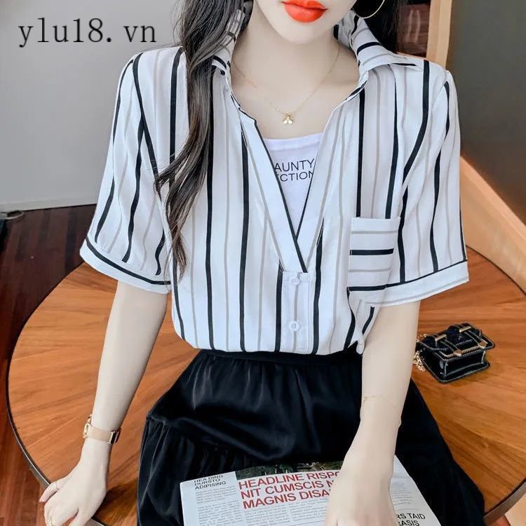 Hàng Có Sẵn Áo Sơ Mi Ngắn Tay Giả Hai Lớp Họa Tiết Kẻ Sọc Thời Trang Mùa Hè Kiểu Mới Dễ Phối Đồ Cho Nữ