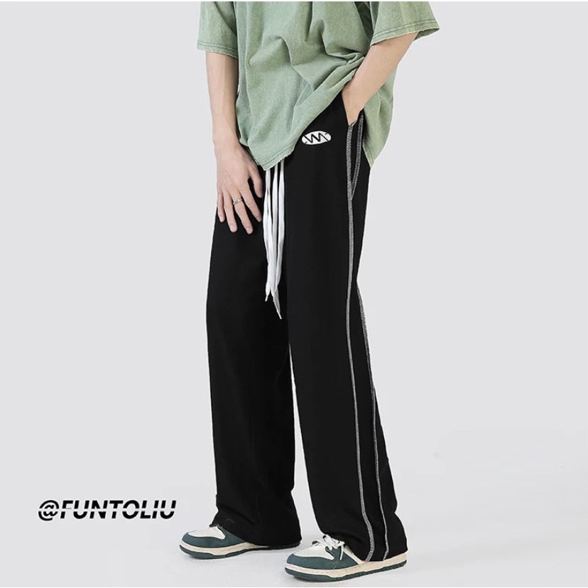 Quần thể thao nam nữ dáng  suông 2 sọc bé-quân ống rộng unisex vải umi dày dặn