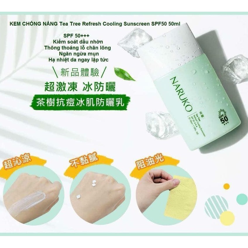 [CHÍNH HÃNG_CÓ TEM ] Kem Chống Nắng Trà Tràm Mát Lạnh Naruko Tea Tree Refresh Cooling Sunscreen SPF50+++ 50ml