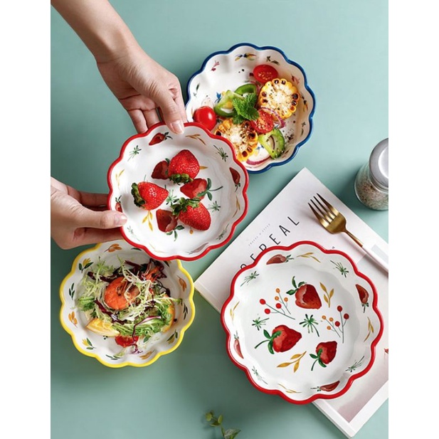 Đĩa sứ tròn tráng men vẽ tay phong cách Nhật decor phòng bếp gốm sứ bát đĩa trang trí lenhome bát nướng dâu đỏ