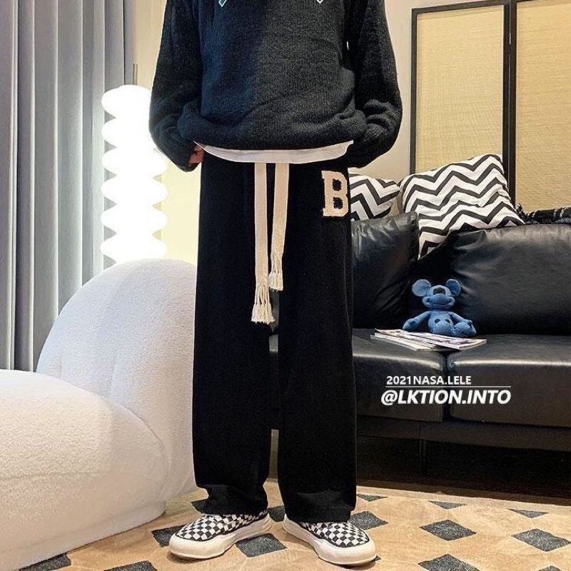 Quần Thể Thao Ống Rộng Thêu Chữ B Chun Lưng Cao ANHRIBI Chất Bo Tăm Loại 1 Dày Dặn Phối Dây Bản To Trendy Ullzang Unisex