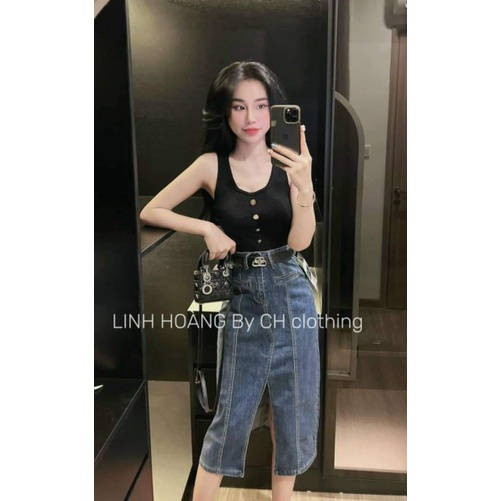 Chân váy jeans dài xẻ kèm đai chữ B hàng QCL1