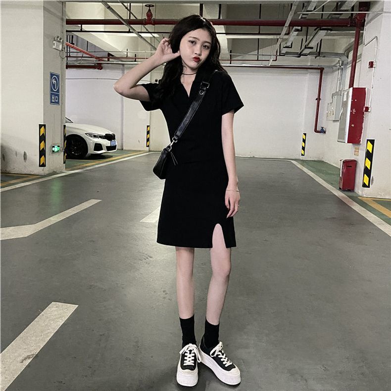 Đầm Đen Tay Ngắn Cổ Chữ V Thời Trang Cho Nữ đầm NZ-LYQ-21