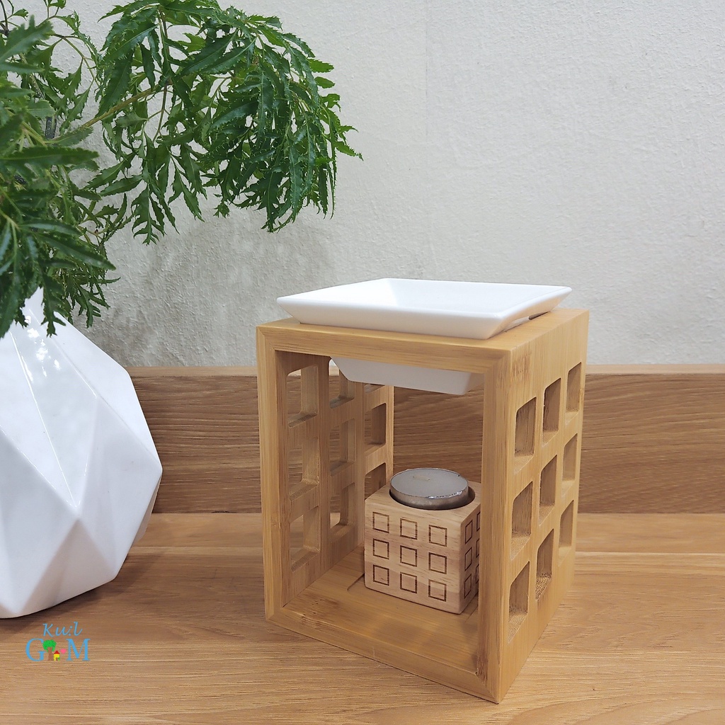 Đèn tre xông đốt tinh dầu khung ô vuông kiểu dáng độc đáo dung tích 150ml- sử dụng nến