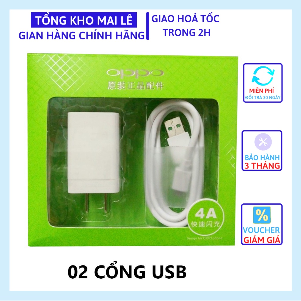 Bộ sạc Oppo 5V-4A  2 cổng USB hỗ trợ sạc nhanh, bộ sạc nhanh Oppo đầu Micro USB