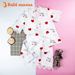 Set Bộ Quần Áo Cho Bé Gái Pijama Cộc Tay Lụa Satin Hình Tim Phối Viền Ren  [BN09] - Babi mama