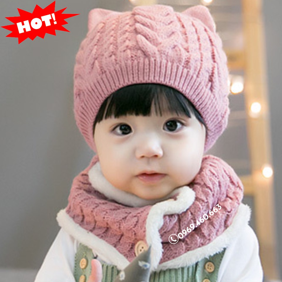 XẢ HÀNG Bộ Mũ Len Cho Bé Kèm Khăn Quàng Cổ. Nón Len Lót Lông Siêu Đẹp cho bé từ 1-4 Tuổi