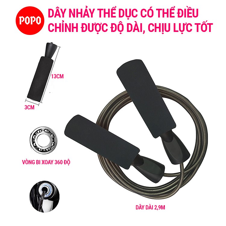 Dây nhảy dây POPO TS1 lõi dây PVC 6mm, tay nắm bọt xốp thoáng khí dây nhảy thể lực, thể dục, tập Gym, boxing