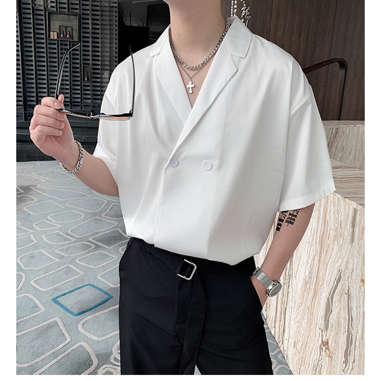 Áo sơ mi mỏng tay ngắn cổ vest dáng rộng màu sắc thời trang mùa hè cho nam