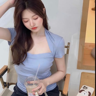Áo Croptop Nữ Tay Ngắn Cổ Vuông Vải Thun Ôm Body Dáng Dài Co Dãn Tốt , Áo thun Tay Ngắn