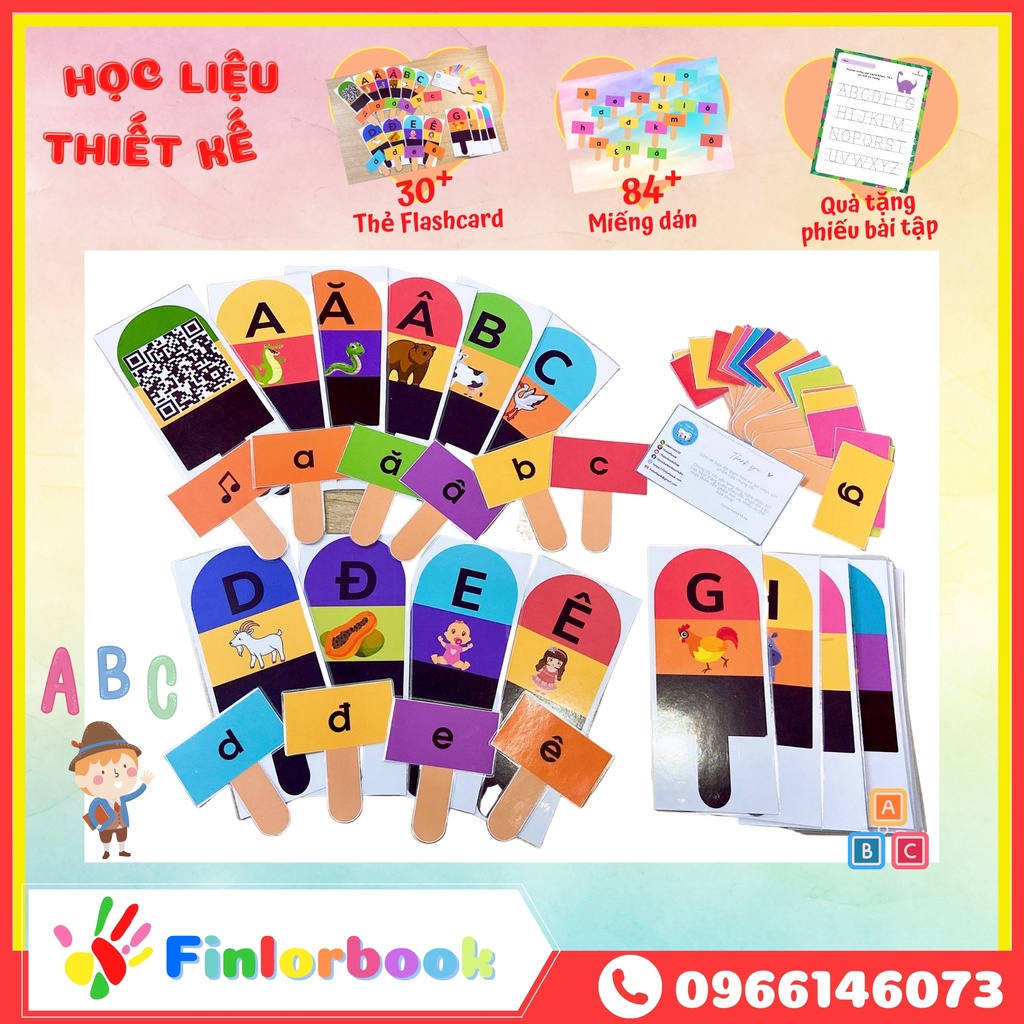 Bộ chữ cái gồm 30 thẻ flashcard hình que kem bóc dán giúp bé làm quen chữ cái tiếng việt
