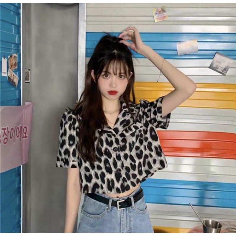 Order áo sơ mi croptop nữ da báo cá tính