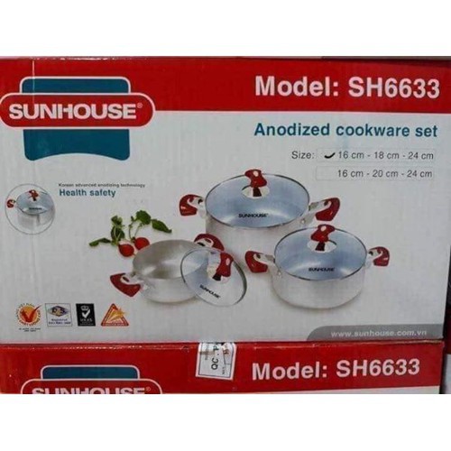 Bộ 3 nồi nhôm Anod chống dính Sunhouse SH 6633-16cm – 20cm – 24cm