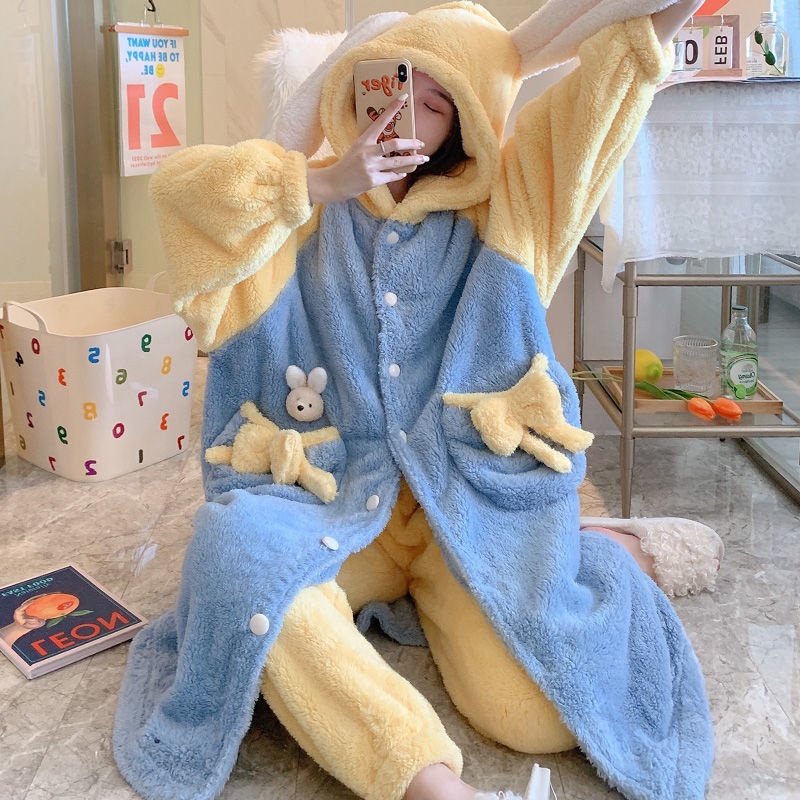 Áo Choàng Ngủ Dáng Dài Chất Nỉ Dày Dặn Phong Cách Hàn Quốc Dễ Thương Thời Trang Thu Đông Cho Nữ | BigBuy360 - bigbuy360.vn