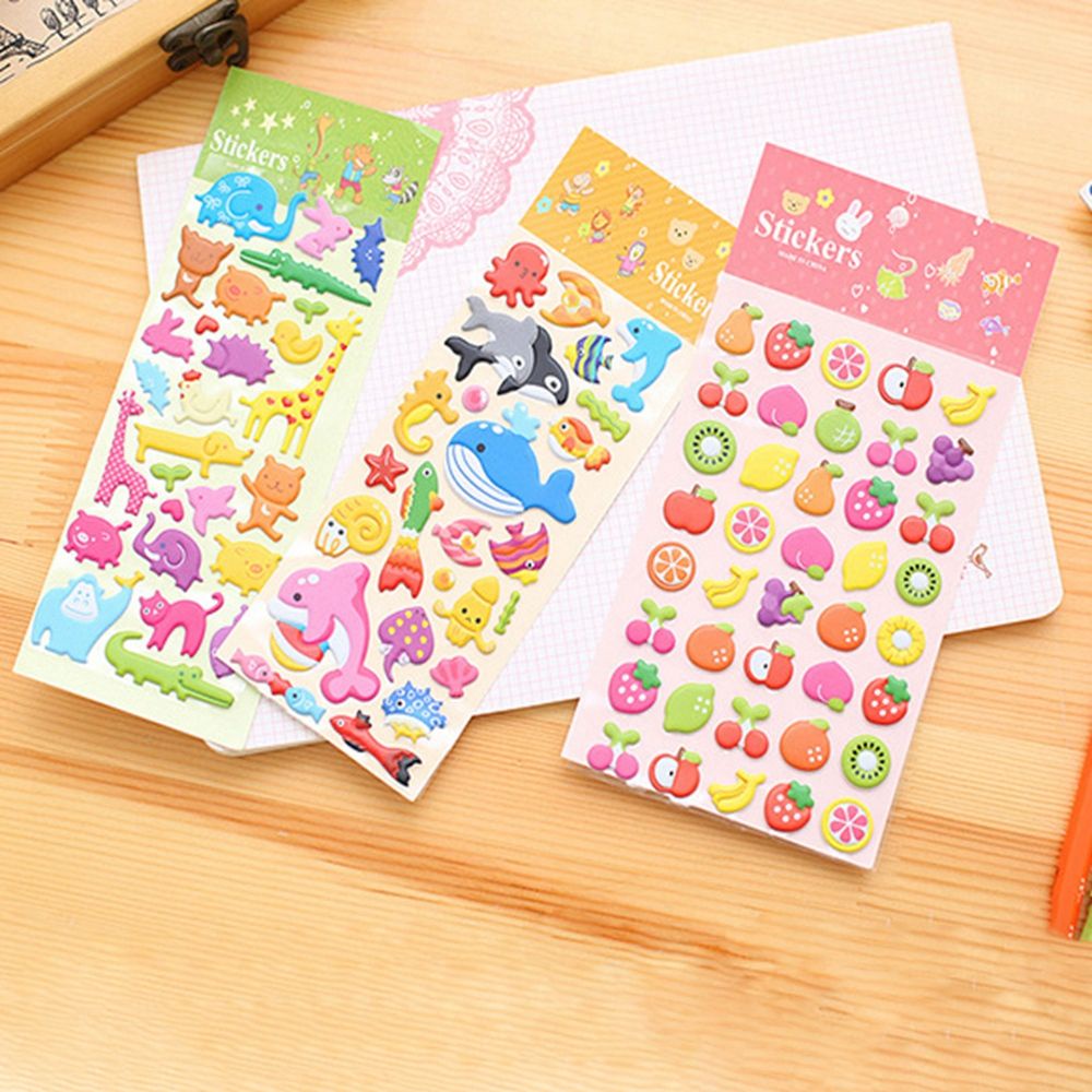 1/2/3/5 Tấm sticker dán hình trái cây/động vật 3D bằng PVC chống thấm nước dễ thương trang trí thủ công cho bé