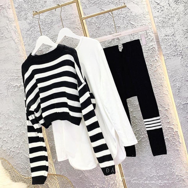 Set 3 món gồm ( áo kẻ croptop + áo lụa đuôi xẻ + quần legging