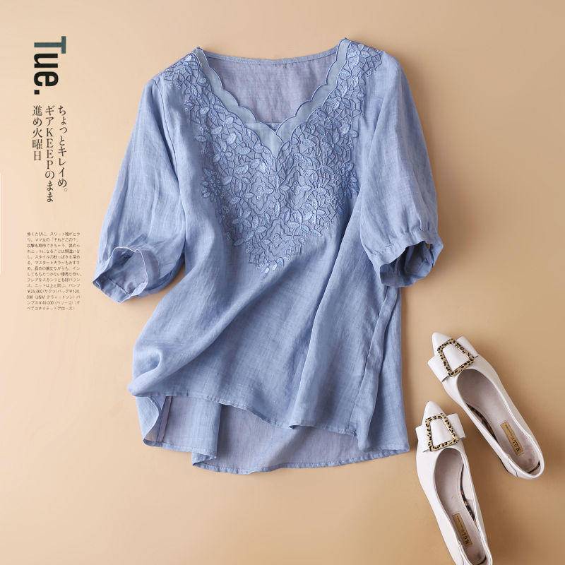 Áo sơ mi vải lanh cotton tay ngắn cổ chữ V thêu họa tiết phong cách dân tộc cổ điển thời trang mùa hè dành cho bạn nữ