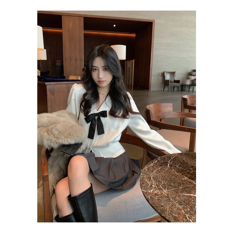 621579 Áo Khoác Cardigan Dệt Kim Cổ Chữ v Phối Nơ Thời Trang Thu Đông