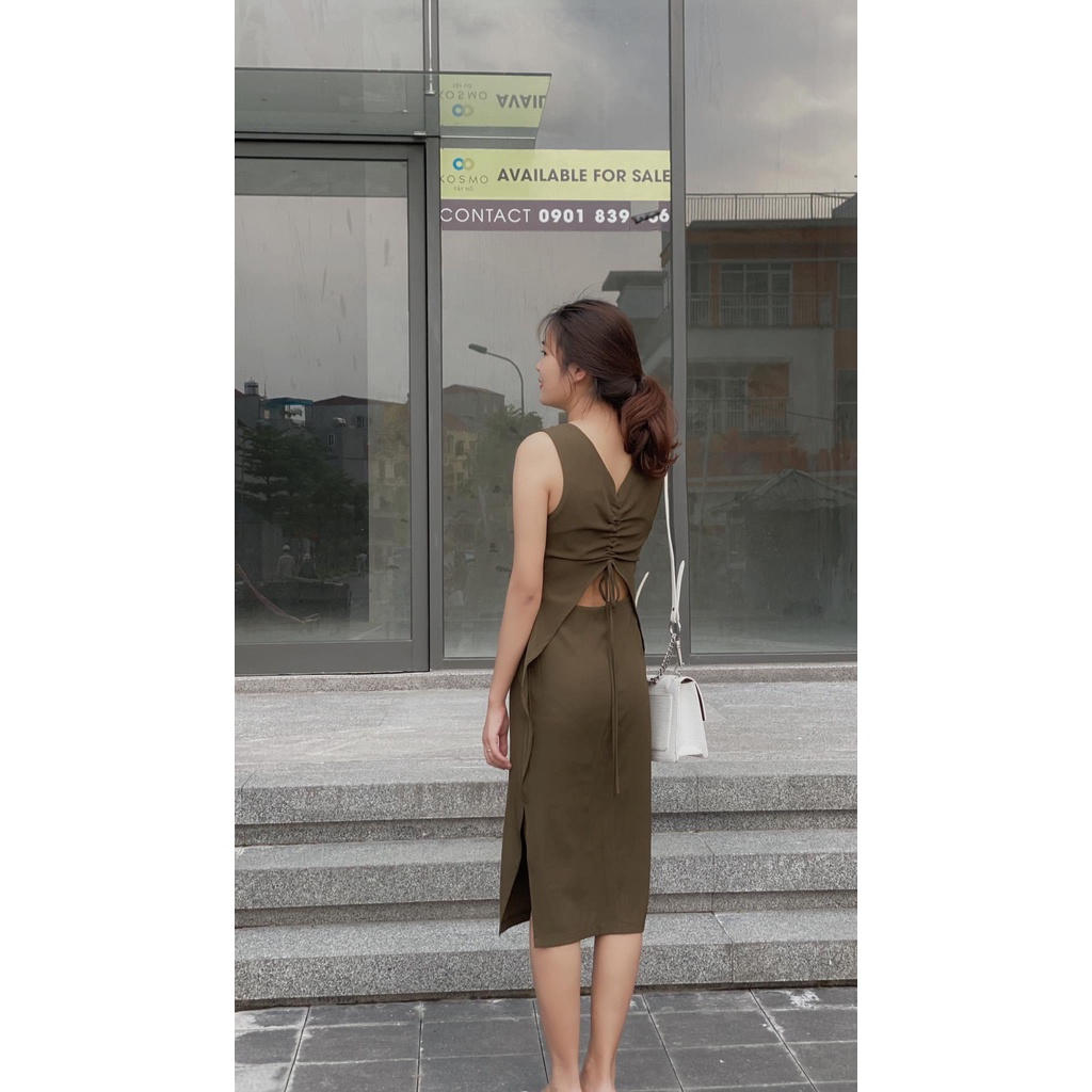 Váy hở lưng cổ tròn sát nách rút dây sau Xưởng may Lê Thanh đầm xẻ tà
