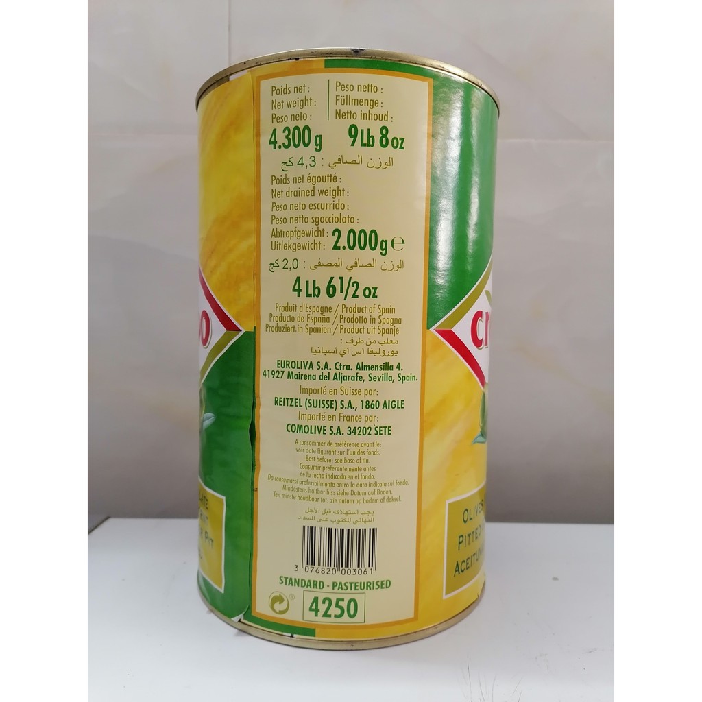 [4.3 Kg – (không hạt) XANH] Trái ô liu ngâm nước muối [Spain] CRESPO Pitted Green Olives in Brine (nvt-hk)